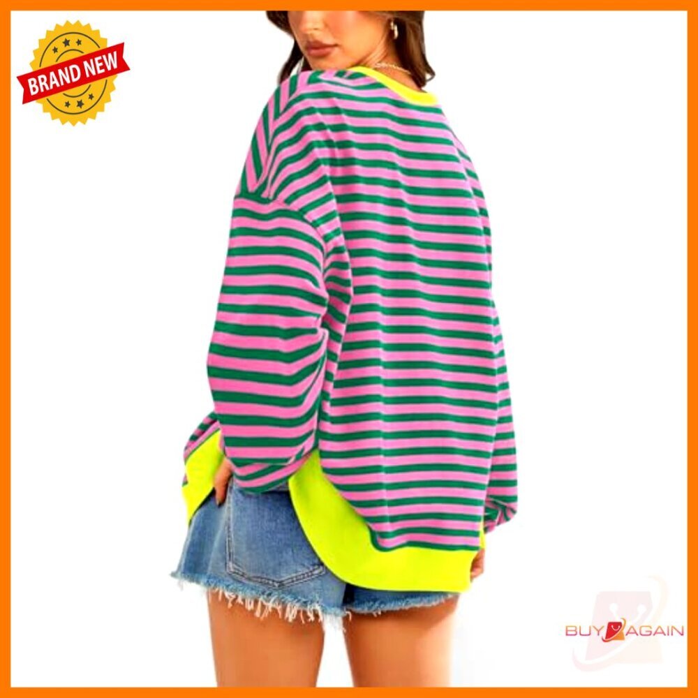 Oversized Striped Sweatshirt, Cotton Blend, Crew Neck, Long Sleeve, Loose Fit - Picture 5 of 7